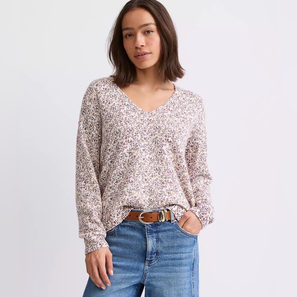 LOFT Women Floral V-Neck Long Sleeve Knit Sweater Cream Purple Yellow Size S
